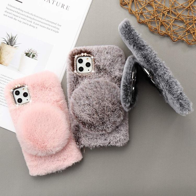 Picture of Winter Luxury Adorable Fluffy Plush Faux Rabbit Fur Protective Mobile Phone Case for iphone 13 Pro Max with Detachable Mirror