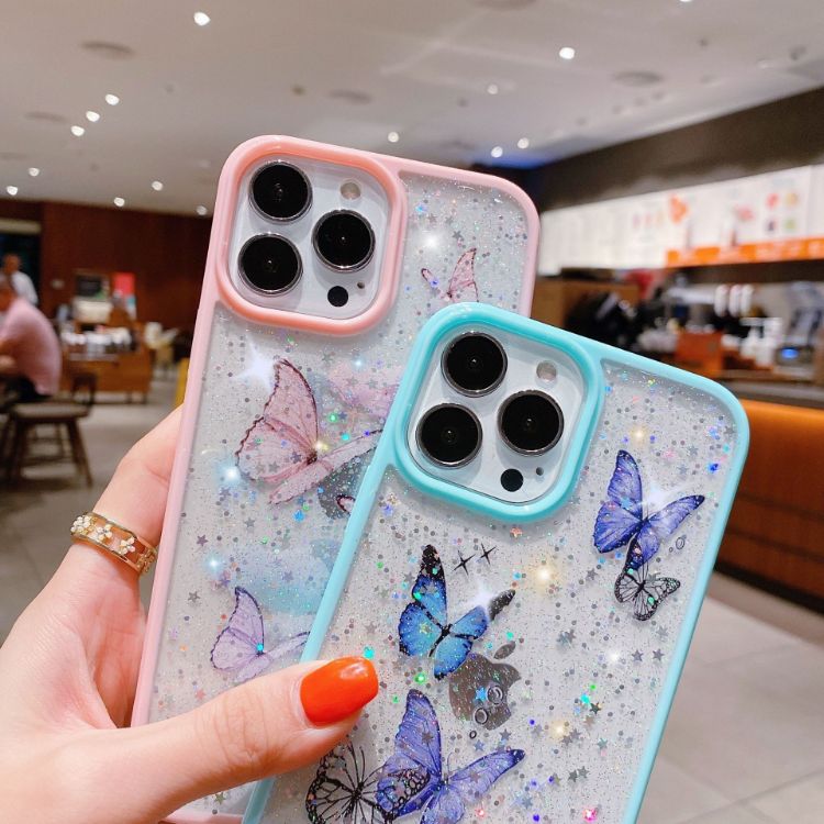 Picture of Iphone 13 14 Butterfly Star Epoxy Glitter Shockproof Girls Phone Case Shinny and Bling Rhinestone Diamond Phone Cover