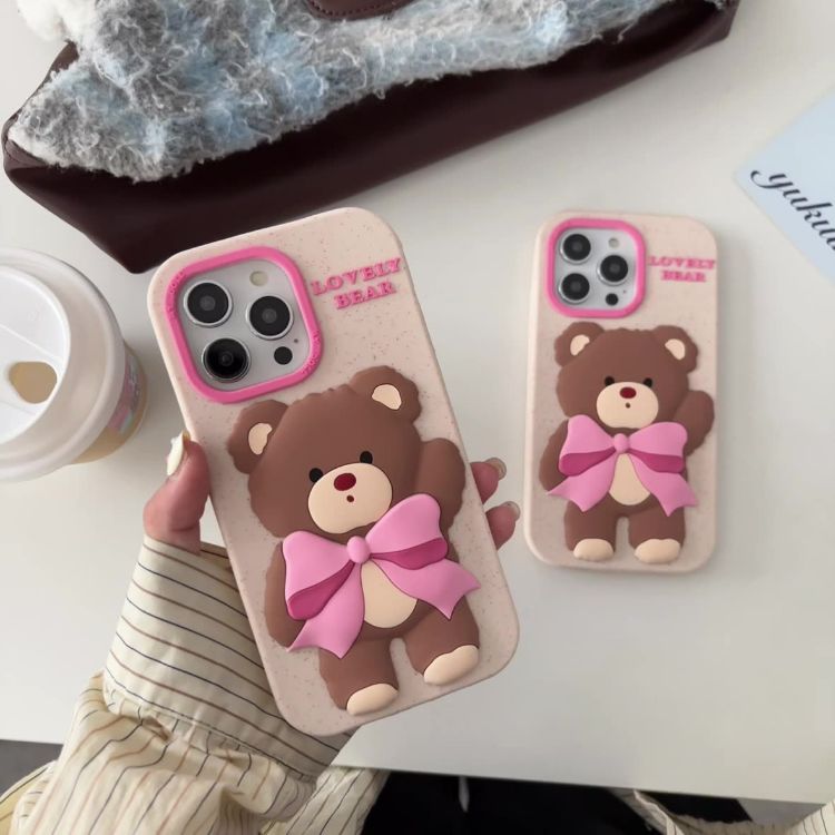 Picture of IPhone 12 13 14 15 Pro Max Cute Non slip Phone Cover for Girls Cartoon Bear Silicone Protective Phone Case